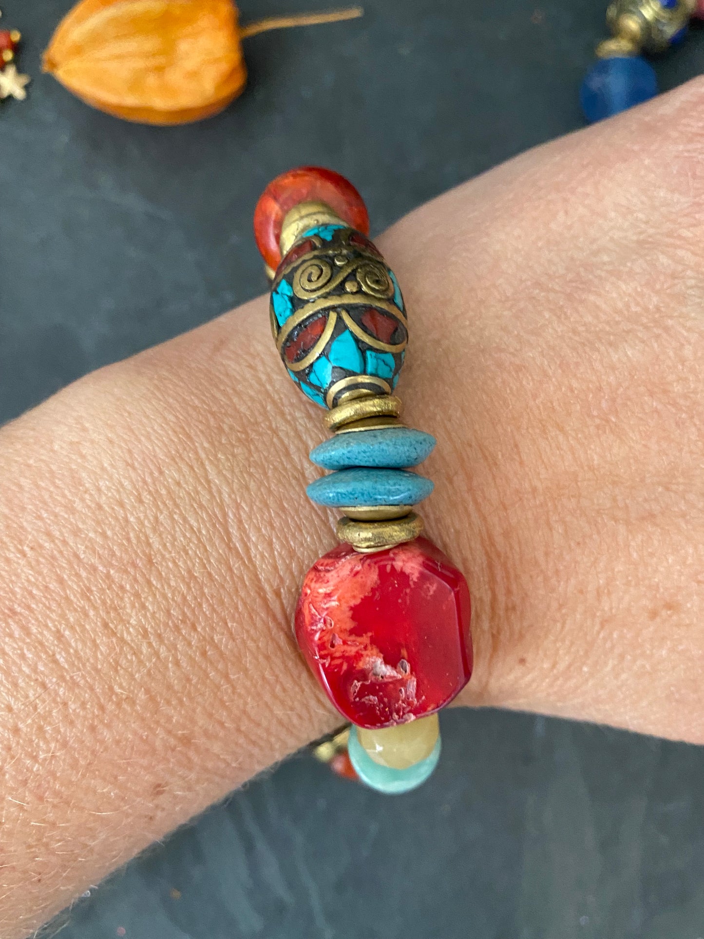 Amazonite, coral, agate, african brass, nepal beads, bracelet.