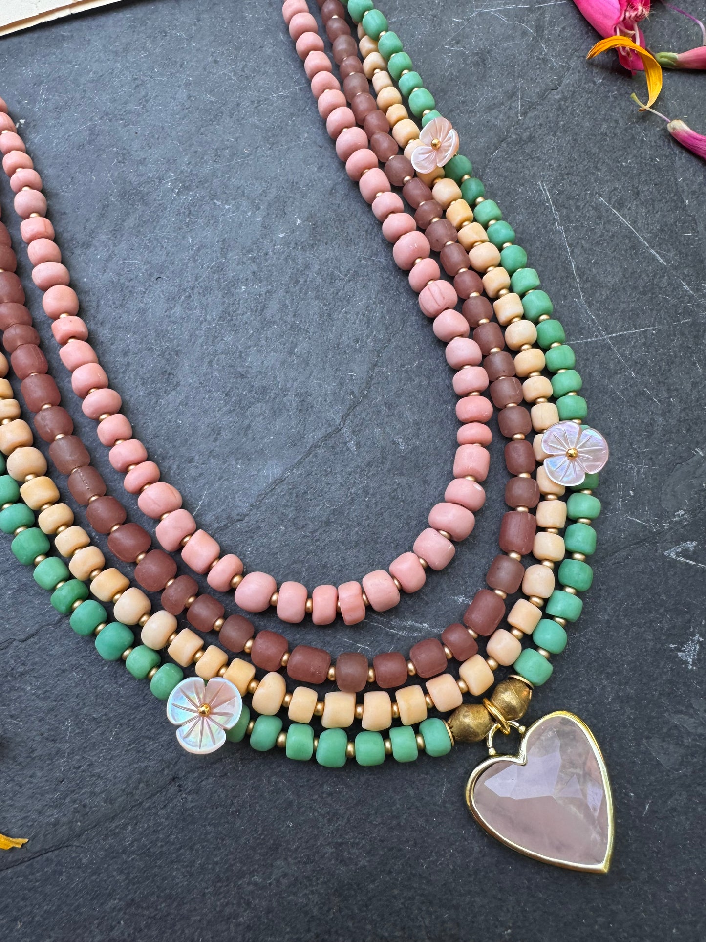 Java glass, gold metal, and rose quartz stone pendant, necklace