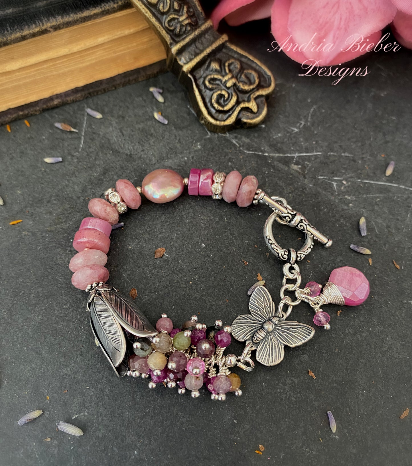 Pink tourmaline, watermelon tourmaline, pink pearl, rhinestone, silver metal, bracelet.