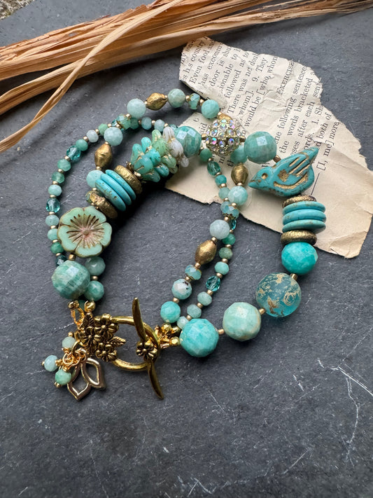 Turquoise (mag) stone, czech glass, Amazonite, African brass, bracelet