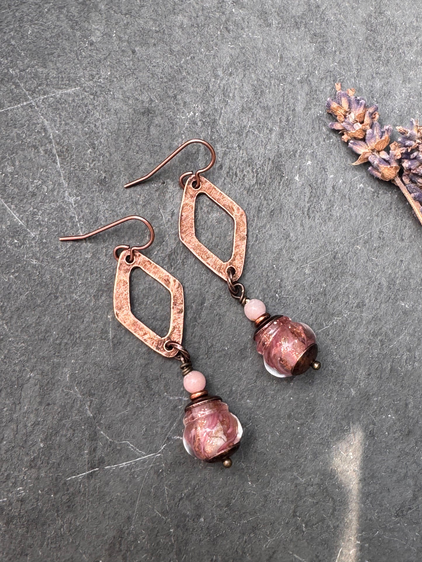 Pink lampwork glass, copper metal, earrings