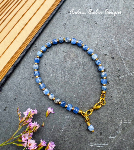 Kyanite faceted cube stone, gold metal, bracelet