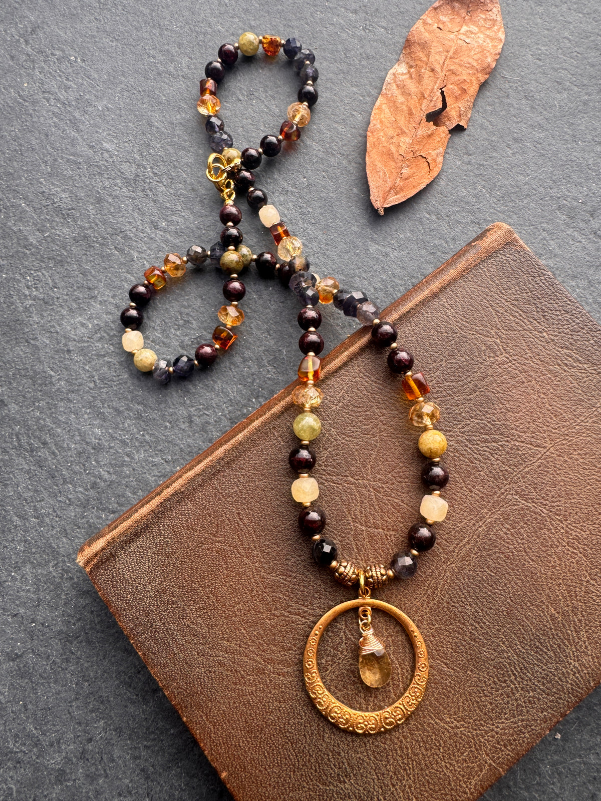 Garnet, green garnet, ioilite, citrine, amber, brass metal, necklace. Fall jewelry.