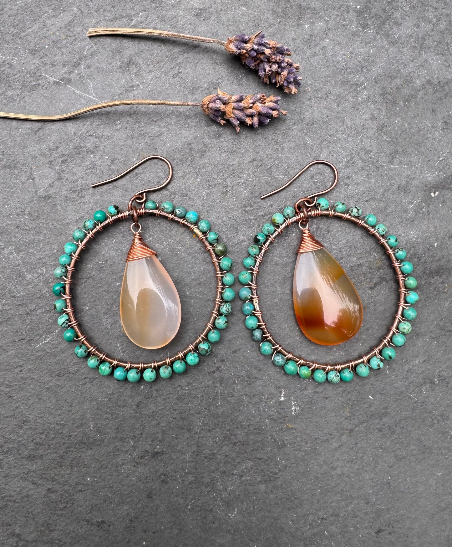 Turquoise, carneilan agate, stone, hammered copper metal hoop, earrings