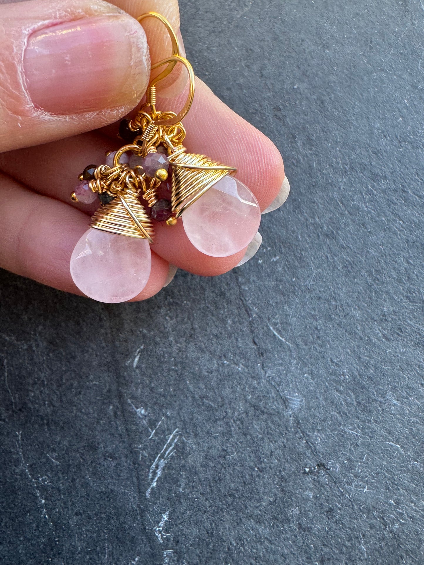 rose quartz, watermelon tourmaline, gold metal, earrings