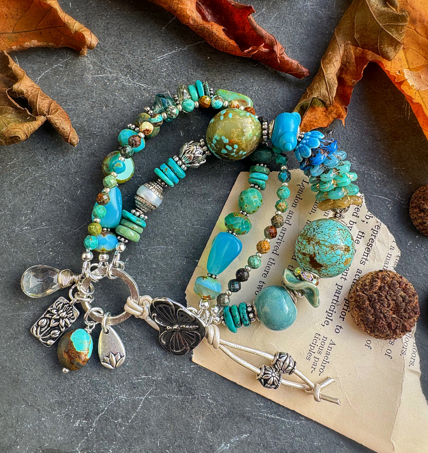 Kingman turquoise, Czech glass, ceramic, Butterfly button, silver metal, bracelet