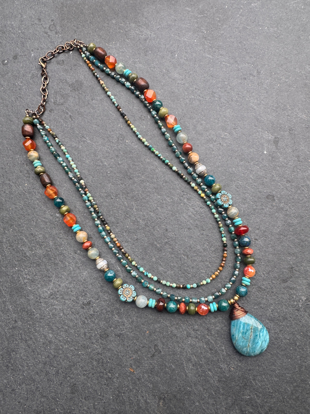 Apatite, Carnelian agate, Sunstone, turquoise, olivine, Lemurian Blue Calcite, Czech glass, pearls, wood, African brass, necklace, jewelry