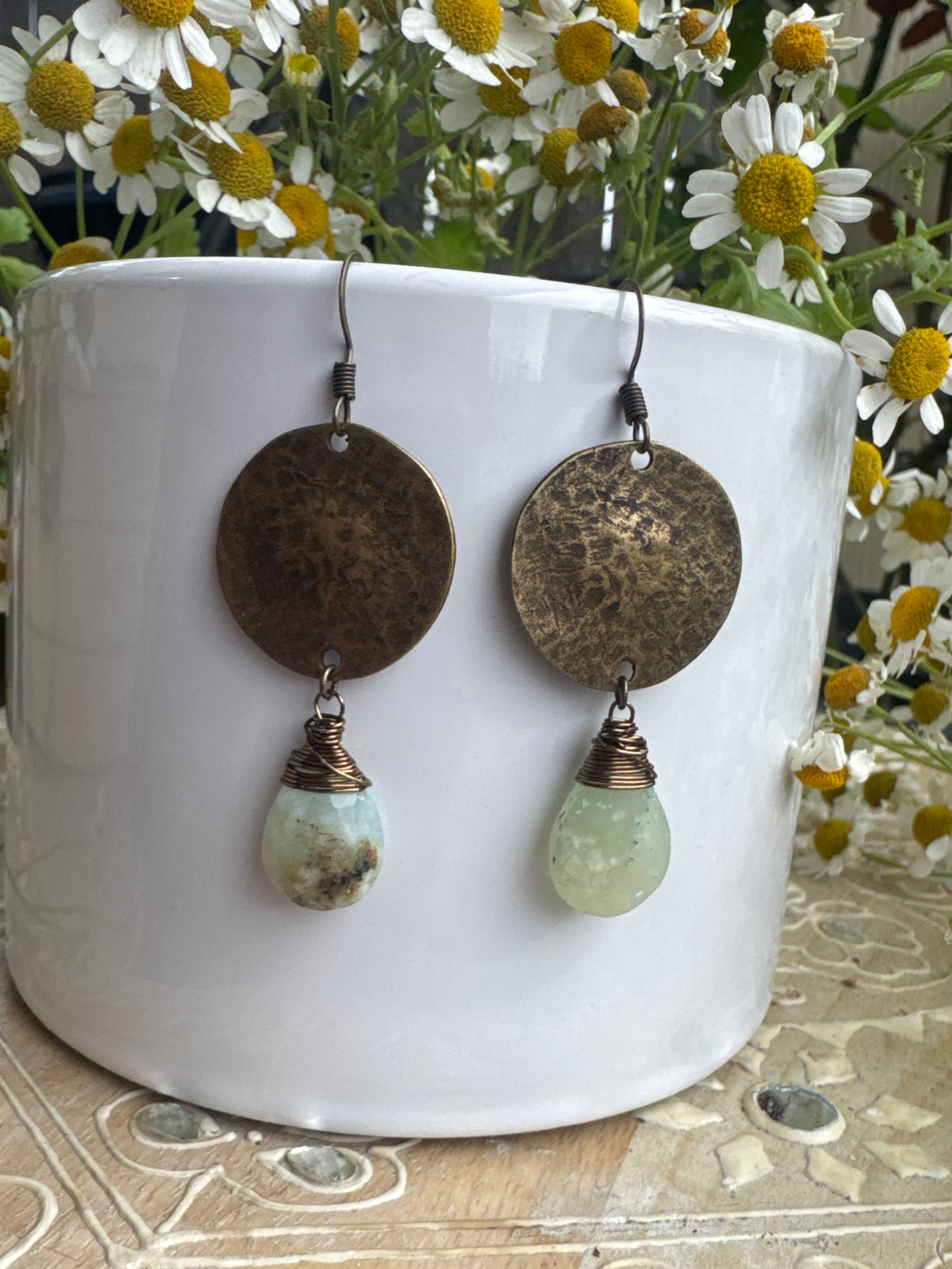 Brass hammered charms, chalcedony stone, earrings