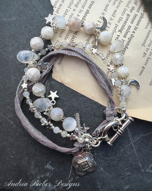 moonstone, silk ribbon, selenite stone, and silver metal, bracelet
