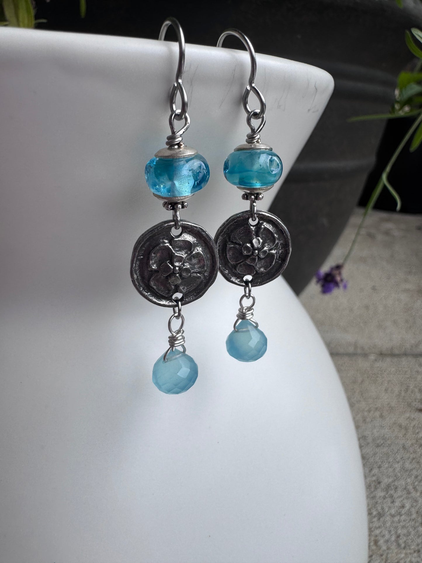 Handmade lampwork glass, blue chalcedony, silver pewter flower charm, earrings