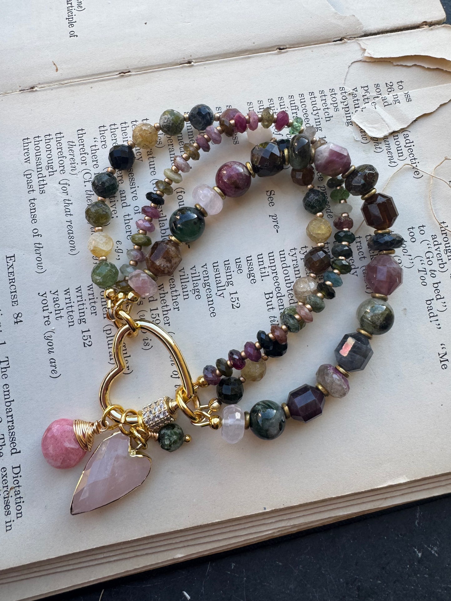Watermelon tourmaline stone, rose quartz, strawberry quartz, gold metal, bracelet. Heart twist clasp. MTO