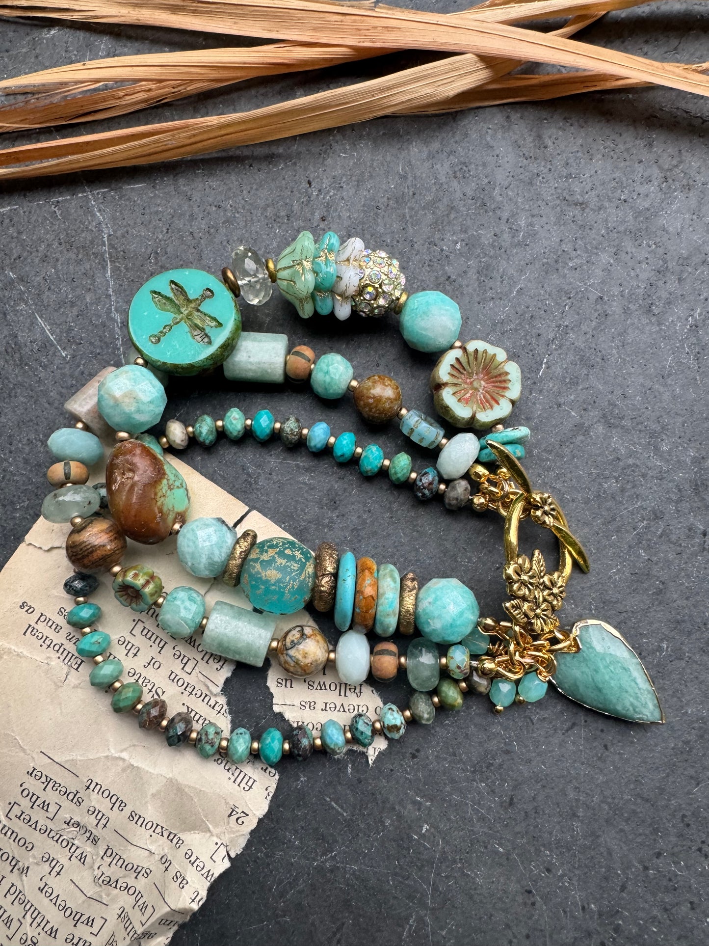 Turquoise (kingman) stone, czech glass, Amazonite, African brass, green amethyst, bracelet ￼￼