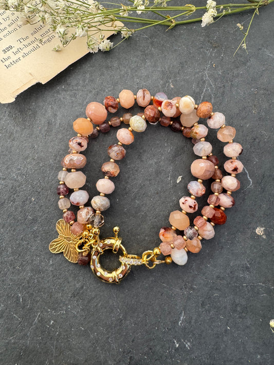 Hematoid Quartz, peach moonstone, gold metal, rhinestone,bracelet