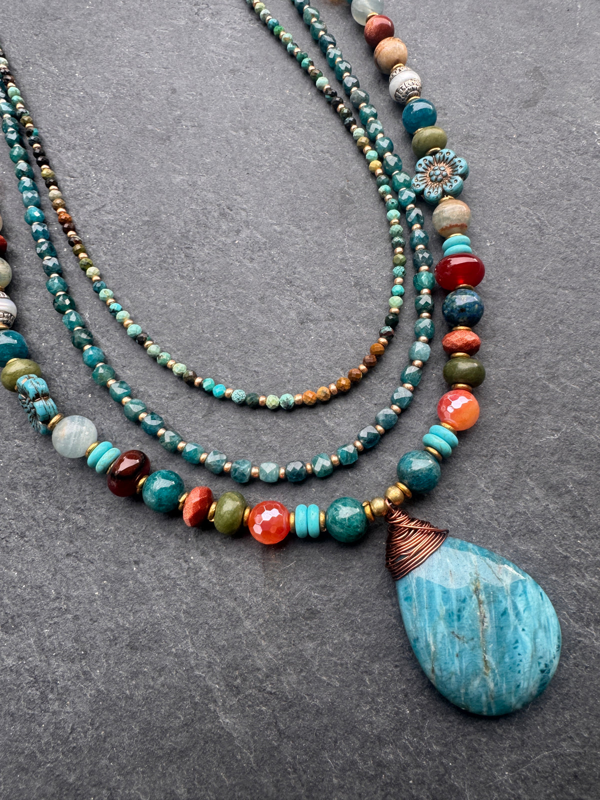 Apatite, Carnelian agate, Sunstone, turquoise, olivine, Lemurian Blue Calcite, Czech glass, pearls, wood, African brass, necklace, jewelry