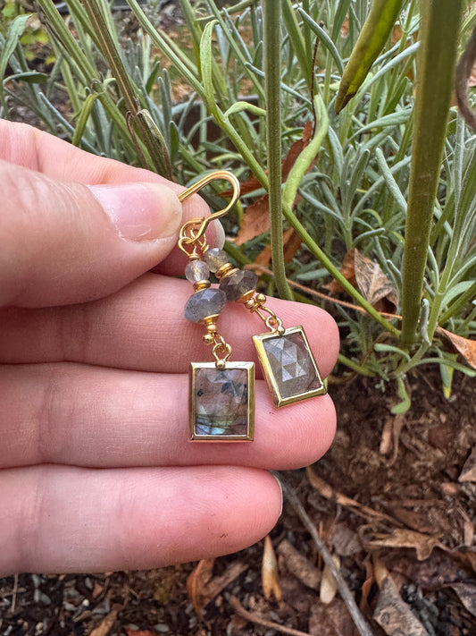 Labradorite stone, gold metal, drop, earrings