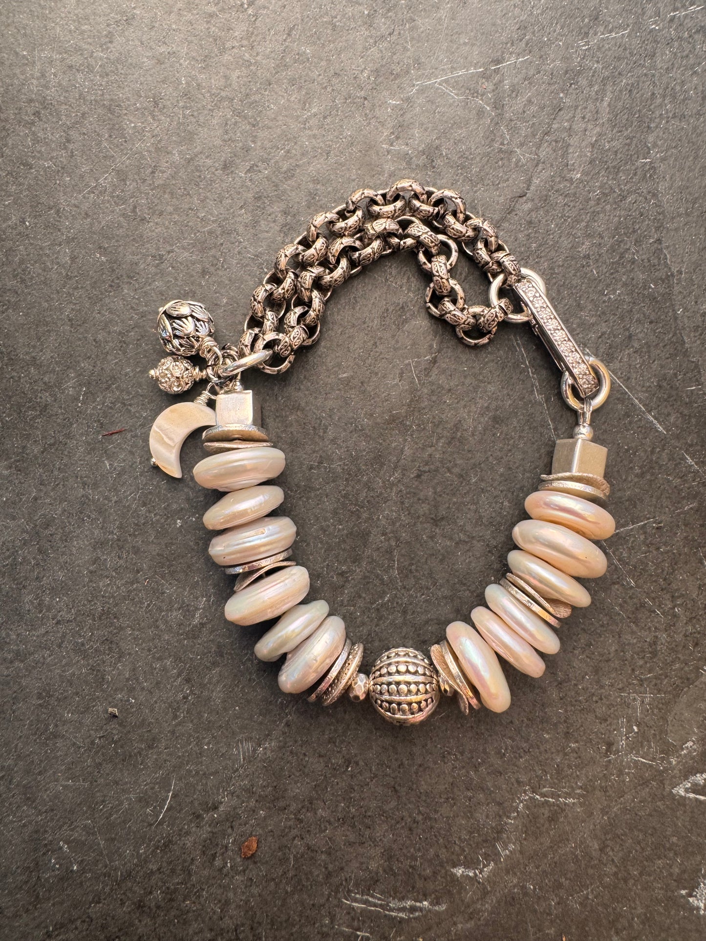 white Pearls, silver chain, rhinestone, bracelet