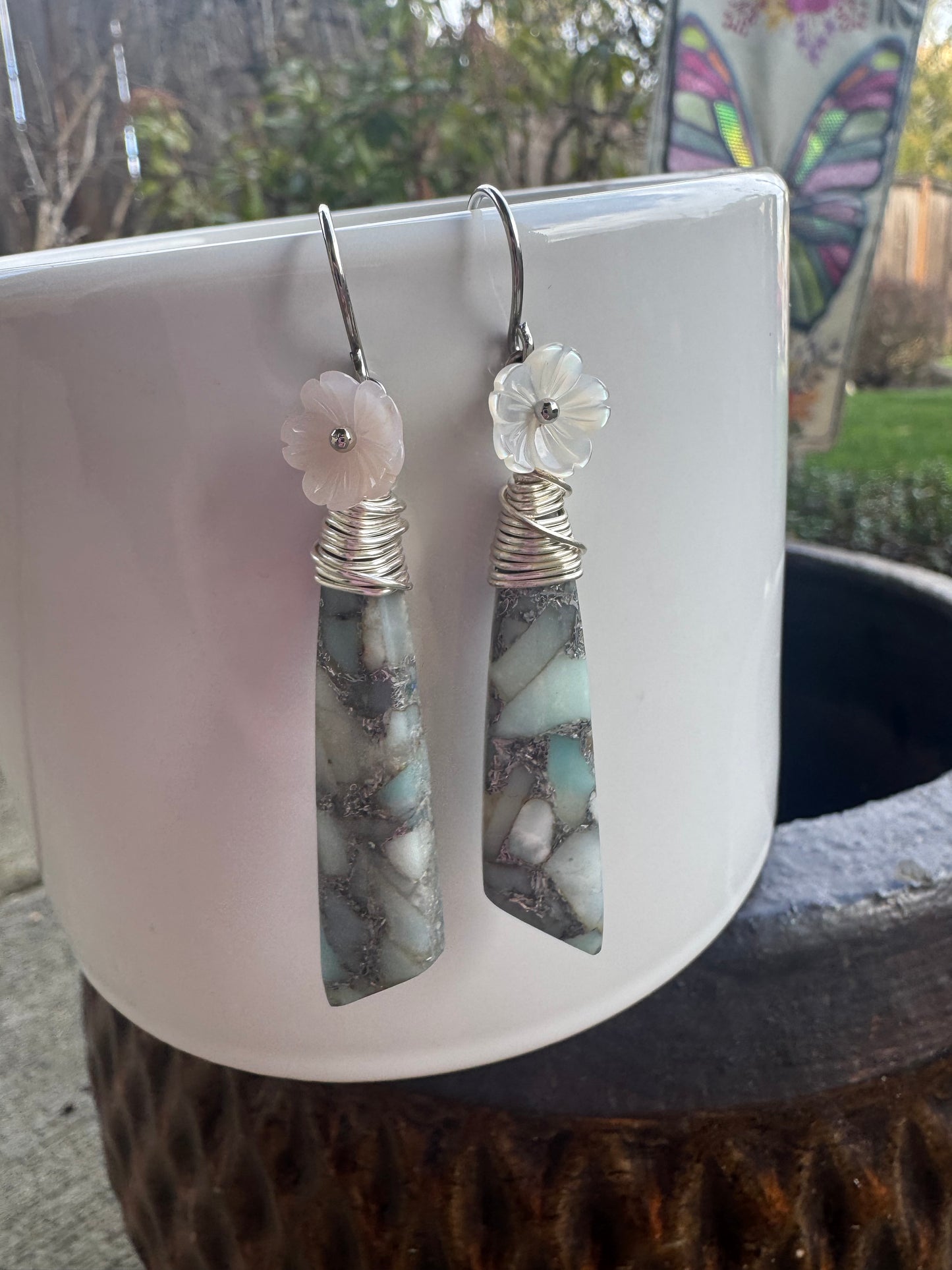 Mixed Jasper, white shell, silver metal,  earrings, jewelry