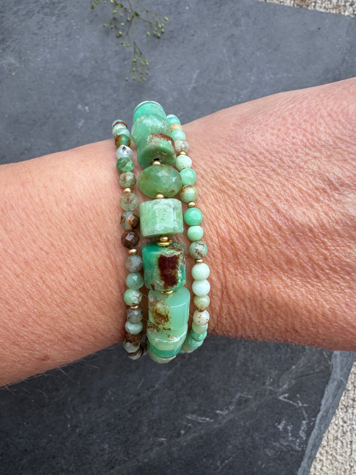 Chrysoprase and gold vermeil, multi strand bracelet