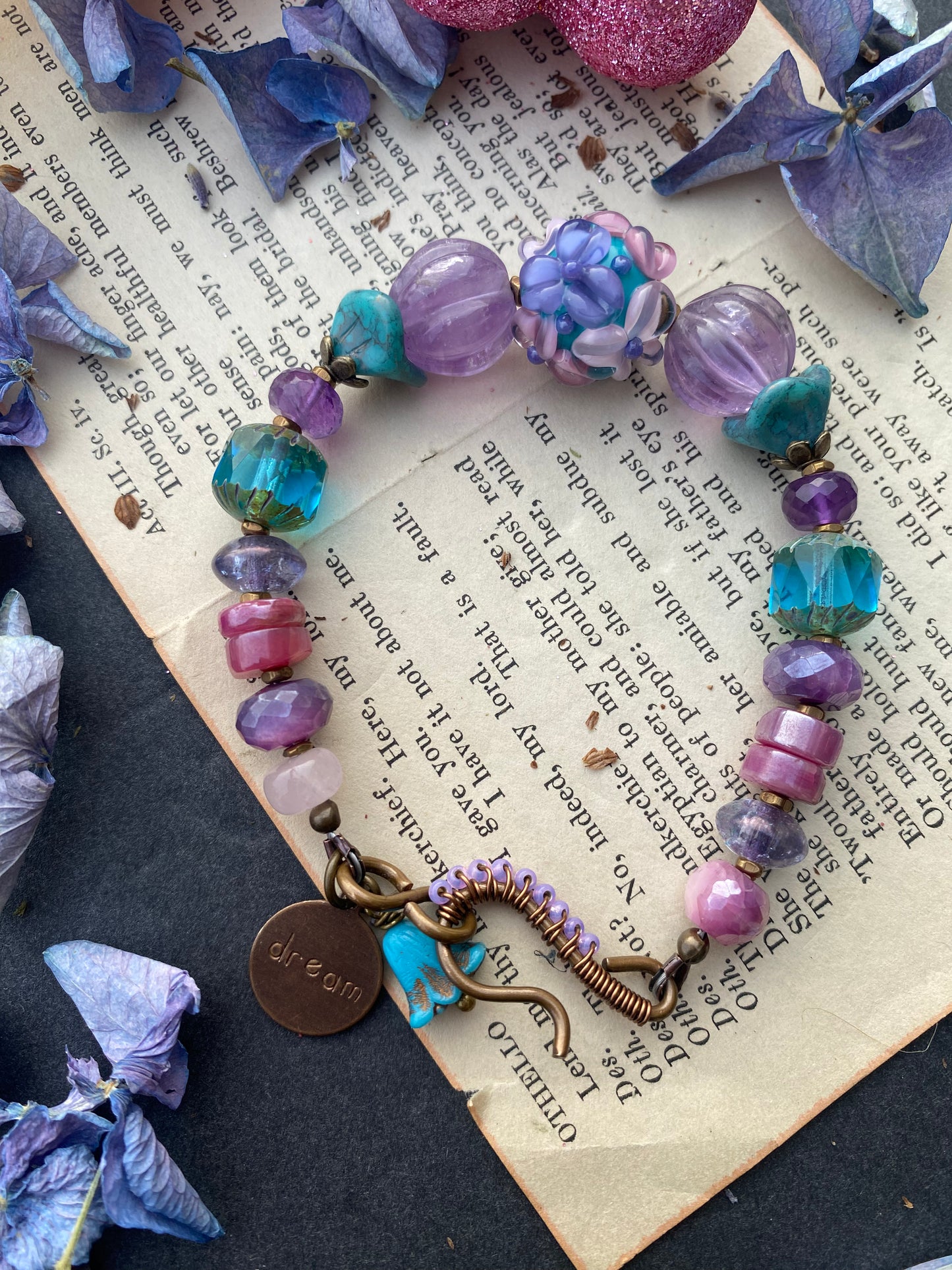 Lampwork glass flowers bead, amethyst gemstone, pink moonstone, purple moonstone, czech glass, bronze metal, bracelet