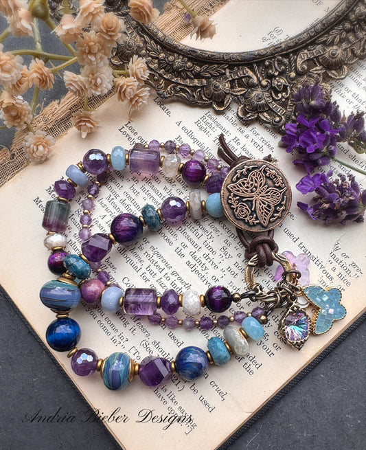 handmade lampwork glass, labradorite, fluorite, tigers eye, amethyst, aquamarine, moonstone, apatite, and  handmade butterfly button clasp.
