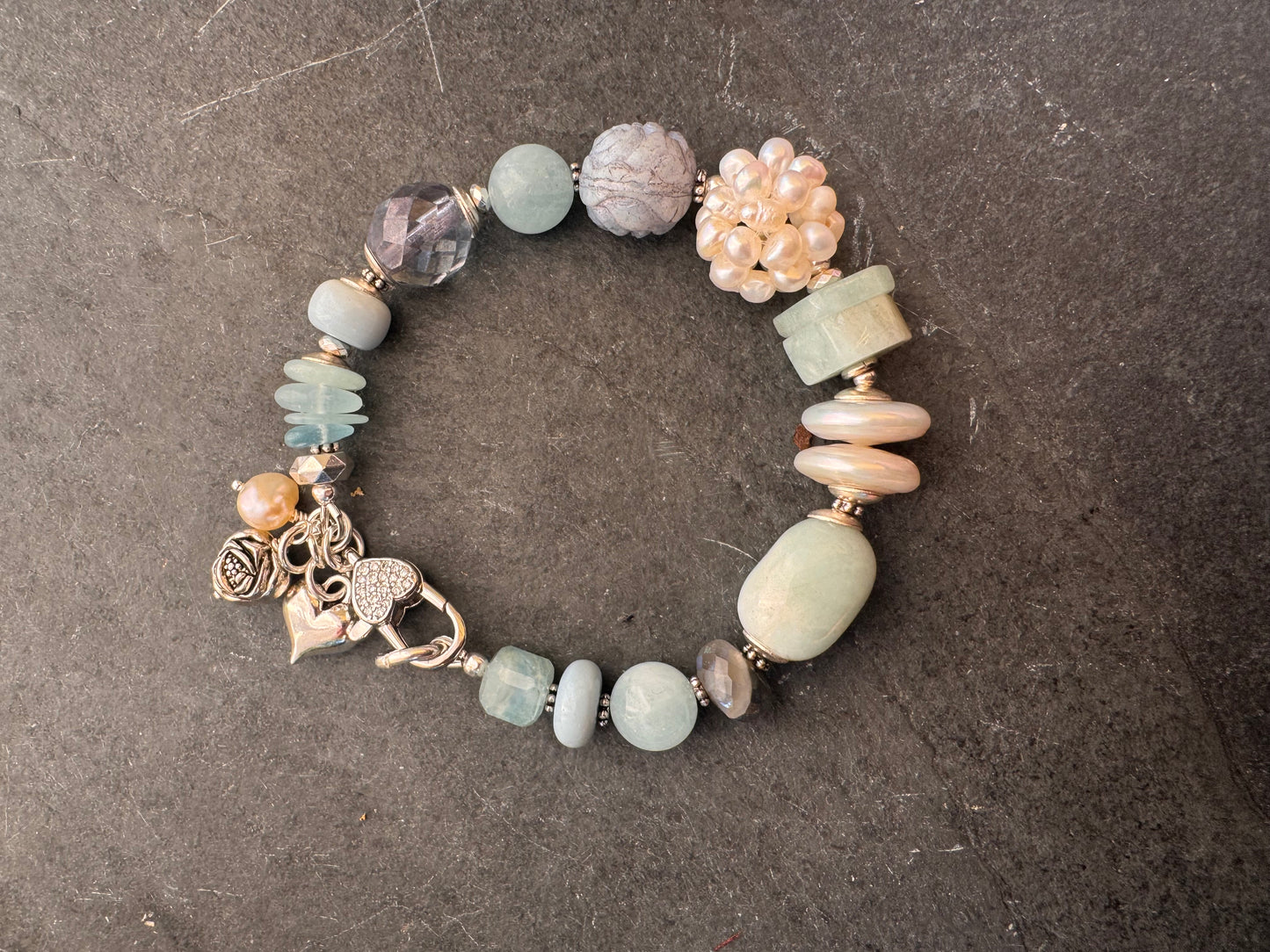 Aquamarine, blue opal, labradorite, pearls, czech glass, silver metal, bracelet