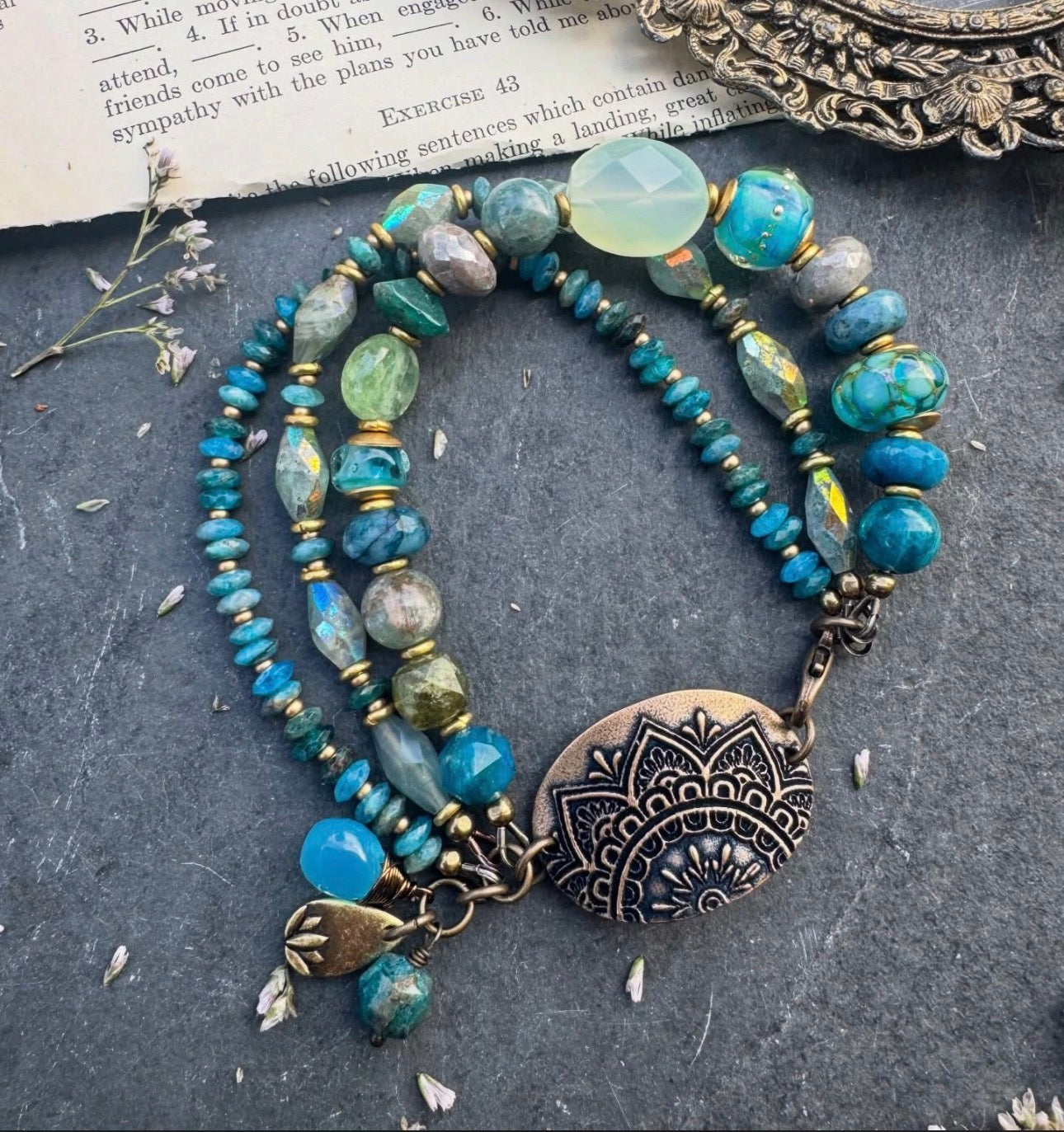 Mixed gemstone, lampwork glass, handmade bronze lotus flower pendant, bracelet