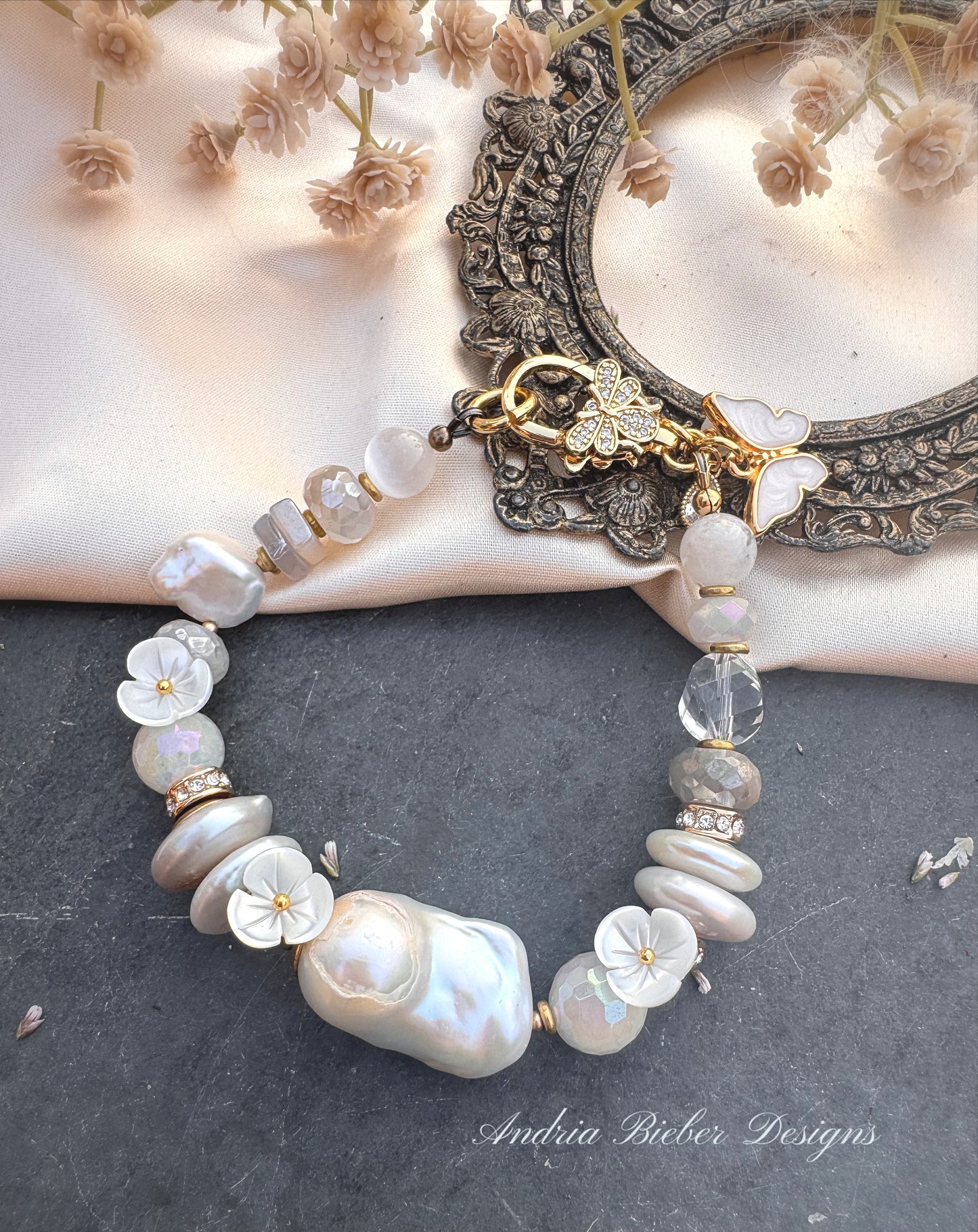 Baroque pearls, moonstone, clear quartz, selenite, shell flowers, rhinestone, gold metal, bracelet