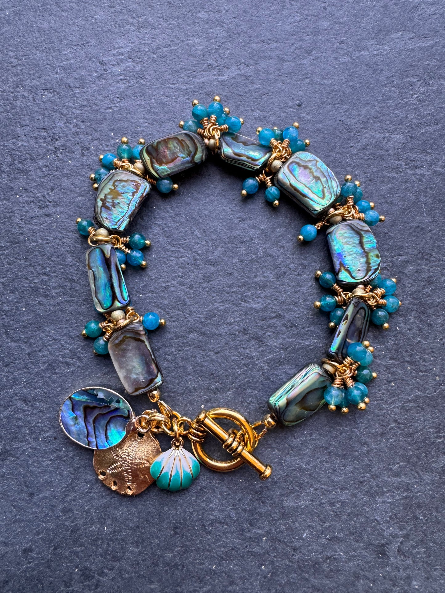 Abalone beads, apatite stone, charm, gold metal, bracelet