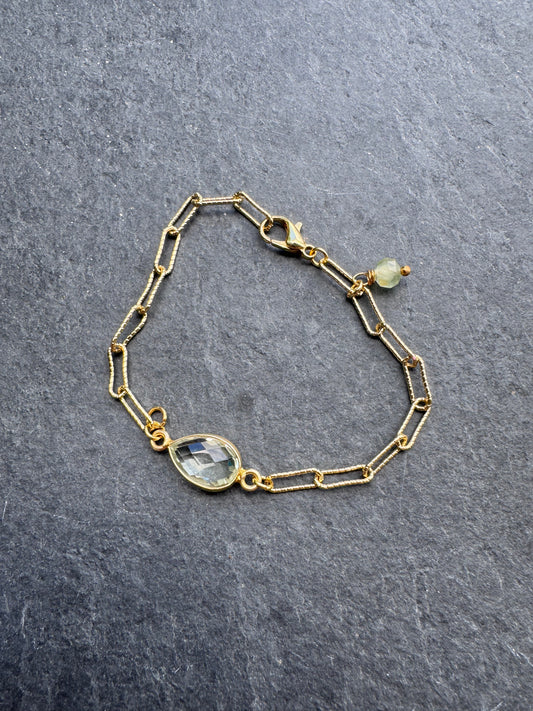 Green Prasiolite gemstone, vermeil and 14 k gold metal bracelet.
