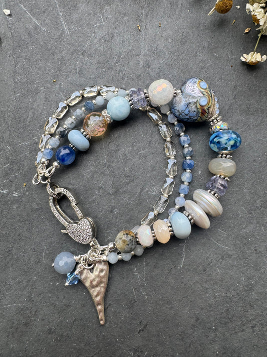 Lamp work glass, blue opal, blue kyanite, mystic moonstone, mystic citrine, pearls, iolite, aquamarine, crazy lace blue agate, blue aventurine stone, silver metal, rhinestone clasp, bracelet, kit