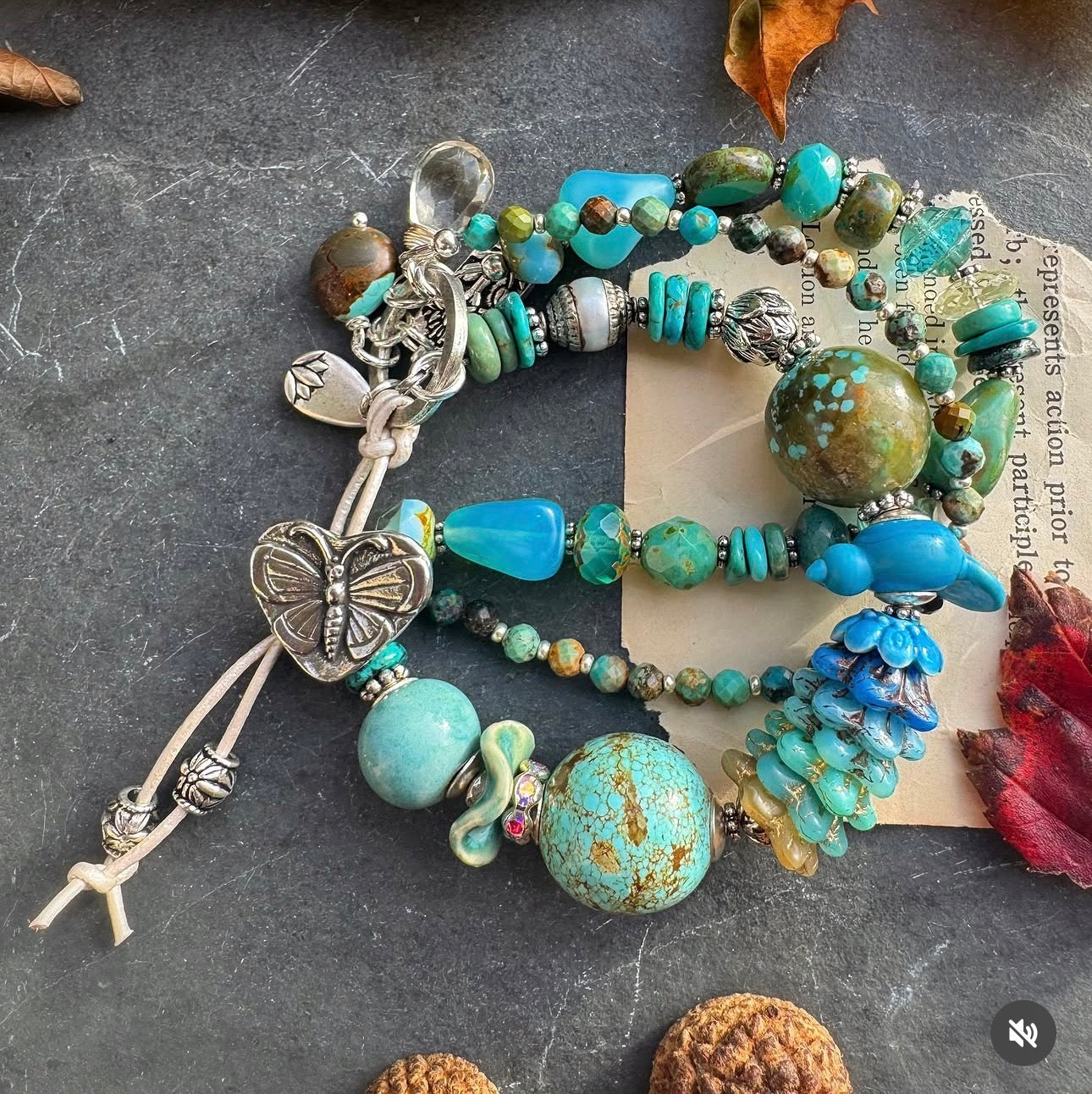 Kingman turquoise, handmade lampwork glass, Czech glass, ceramic, green amethyst, silver metal, button, bracelet