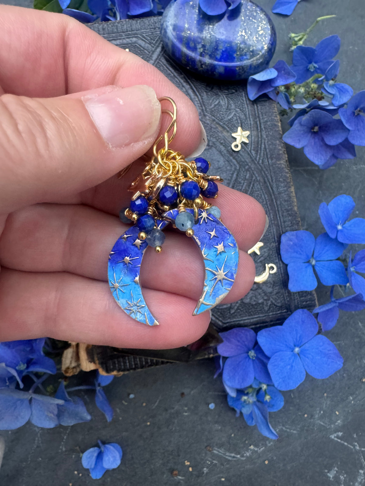 Lapis stone, aquamarine stone, ￼bronze and gold metal, blue moon earrings