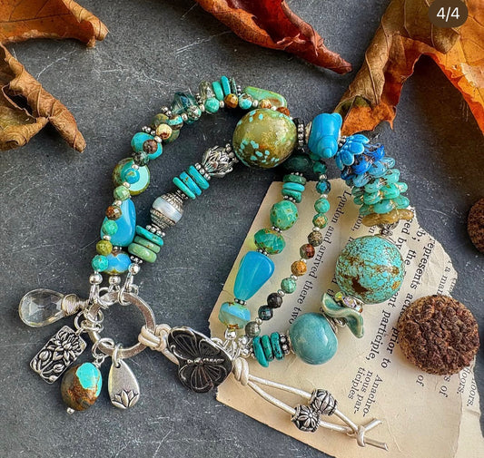 Kingman turquoise, handmade lampwork glass, Czech glass, ceramic, green amethyst, silver metal, button, bracelet