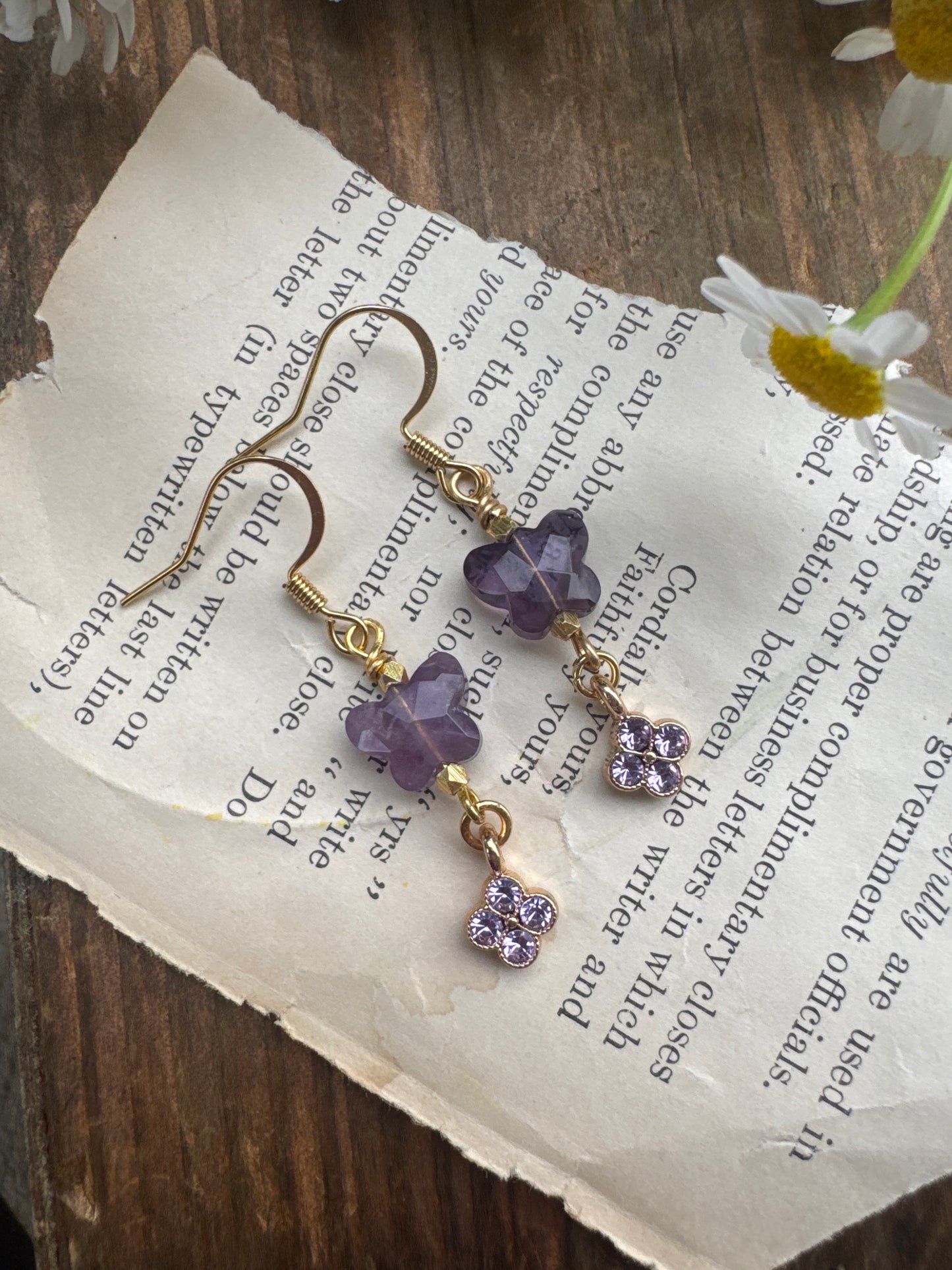 Amethyst butterfly stone, purple rhinestone charms, gold metal, earrings