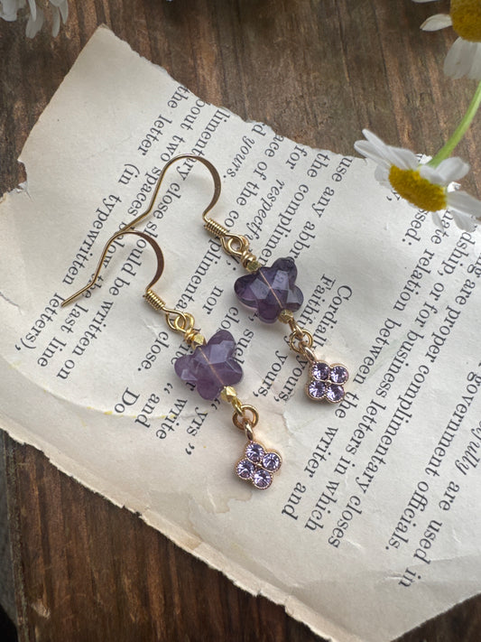 Amethyst butterfly stone, purple rhinestone charms, gold metal, earrings