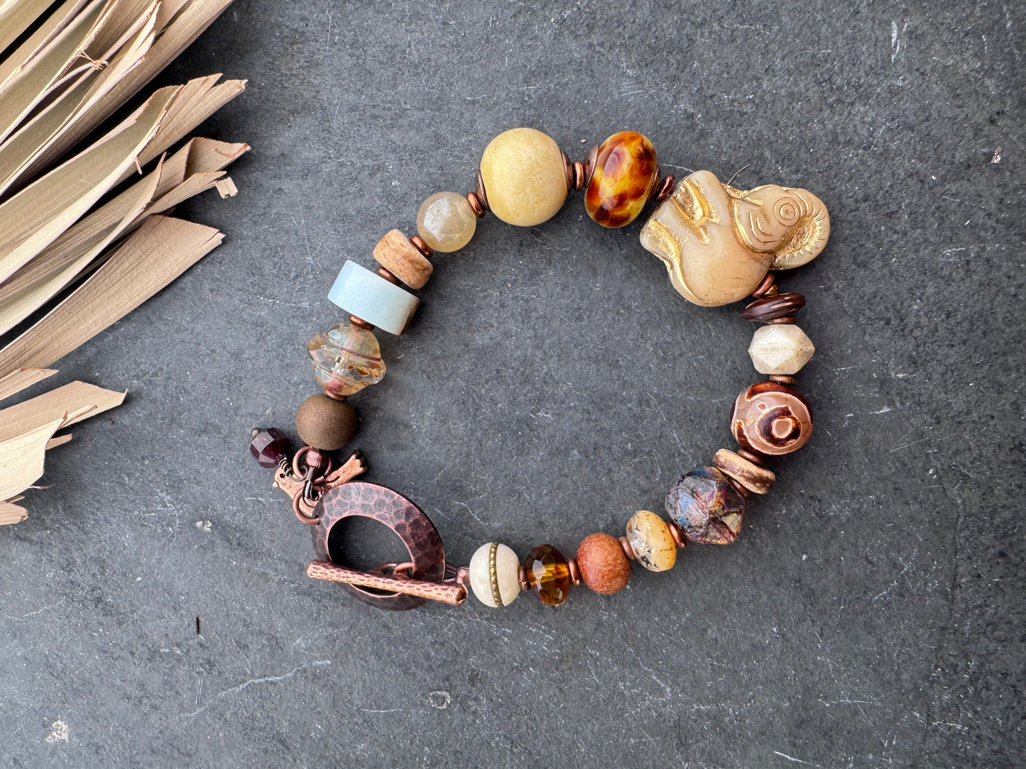 Lampwork glass, Czech glass, ceramic, Amazonite, copper bracelet