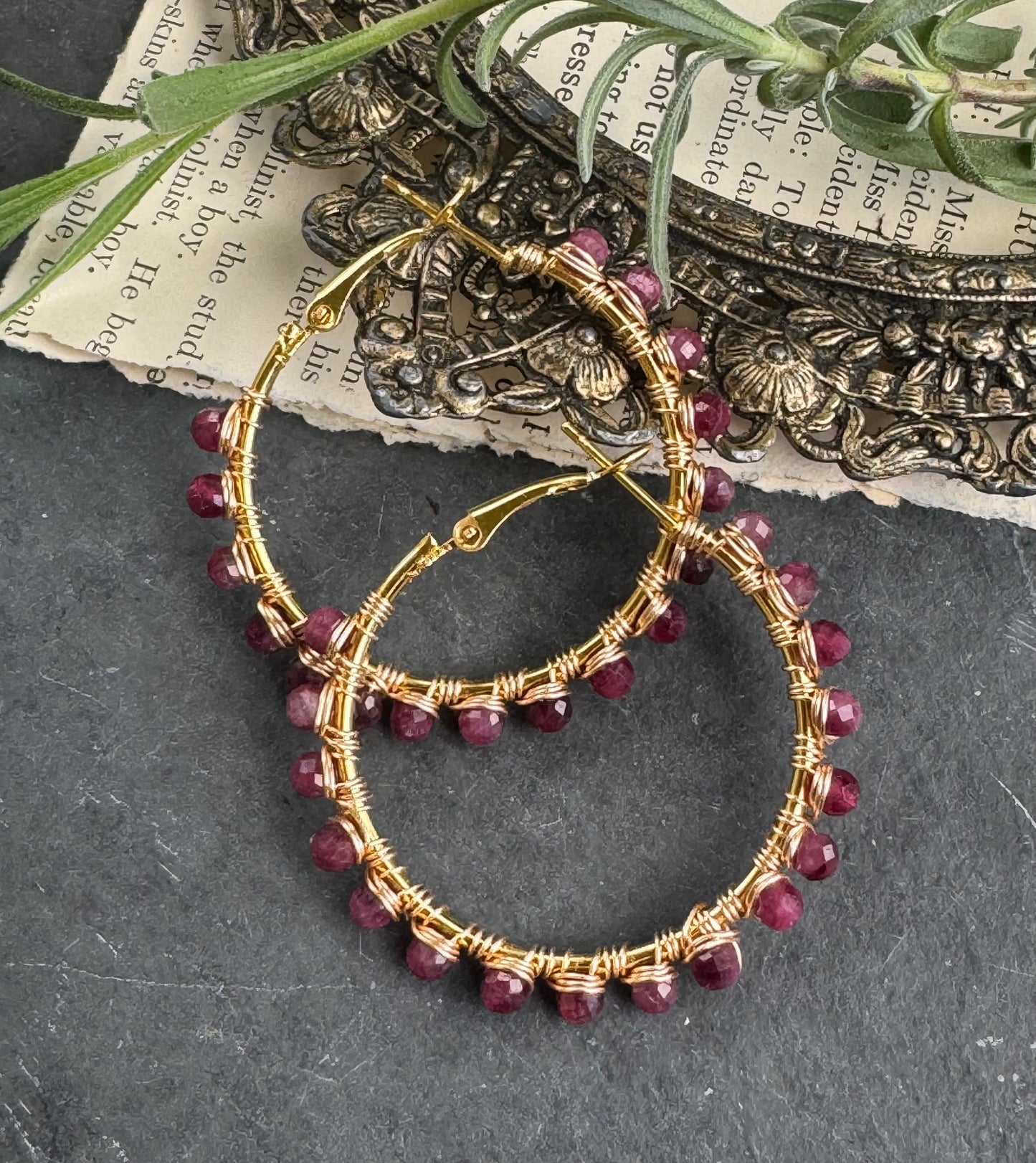 Ruby, wire wrapped gold hoop earrings, jewelry