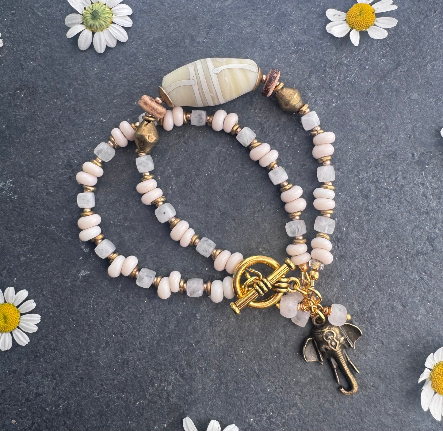 Moonstone,Java glass, African brass, bracelet