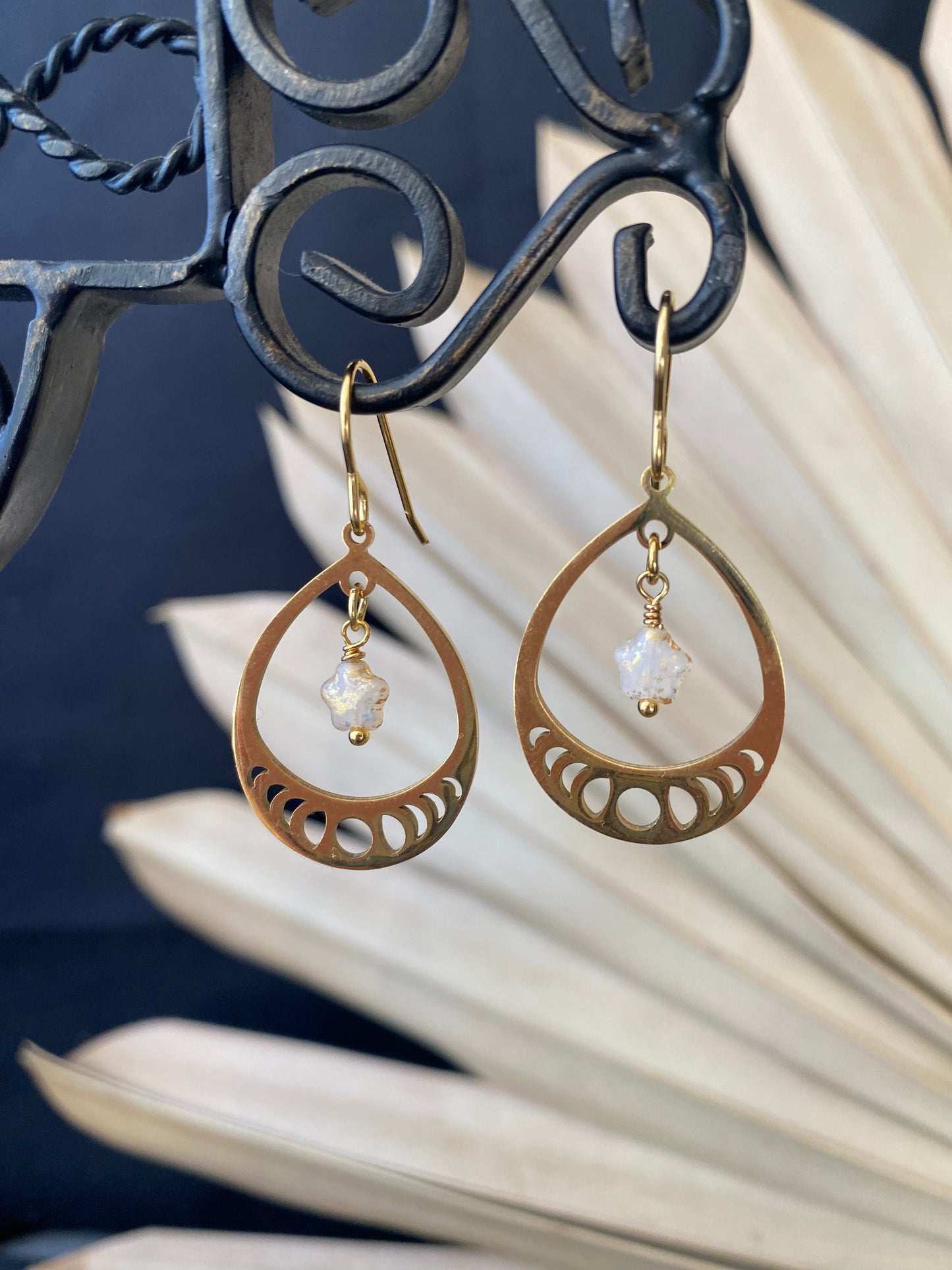 Moon phase gold metal charm and star Czech glass  earrings