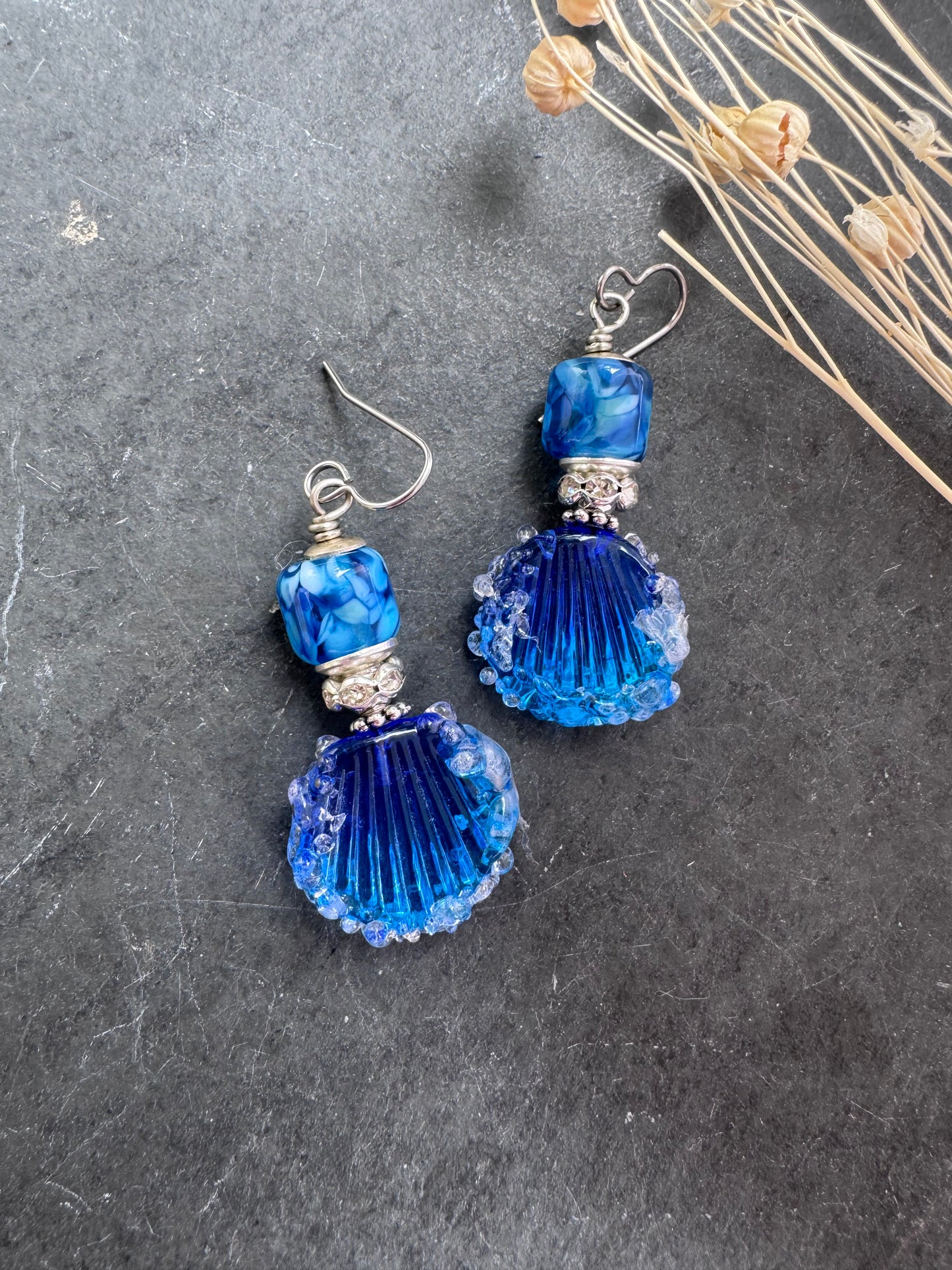Shell, ocean, design, blue Handmade lampwork glass, earrings