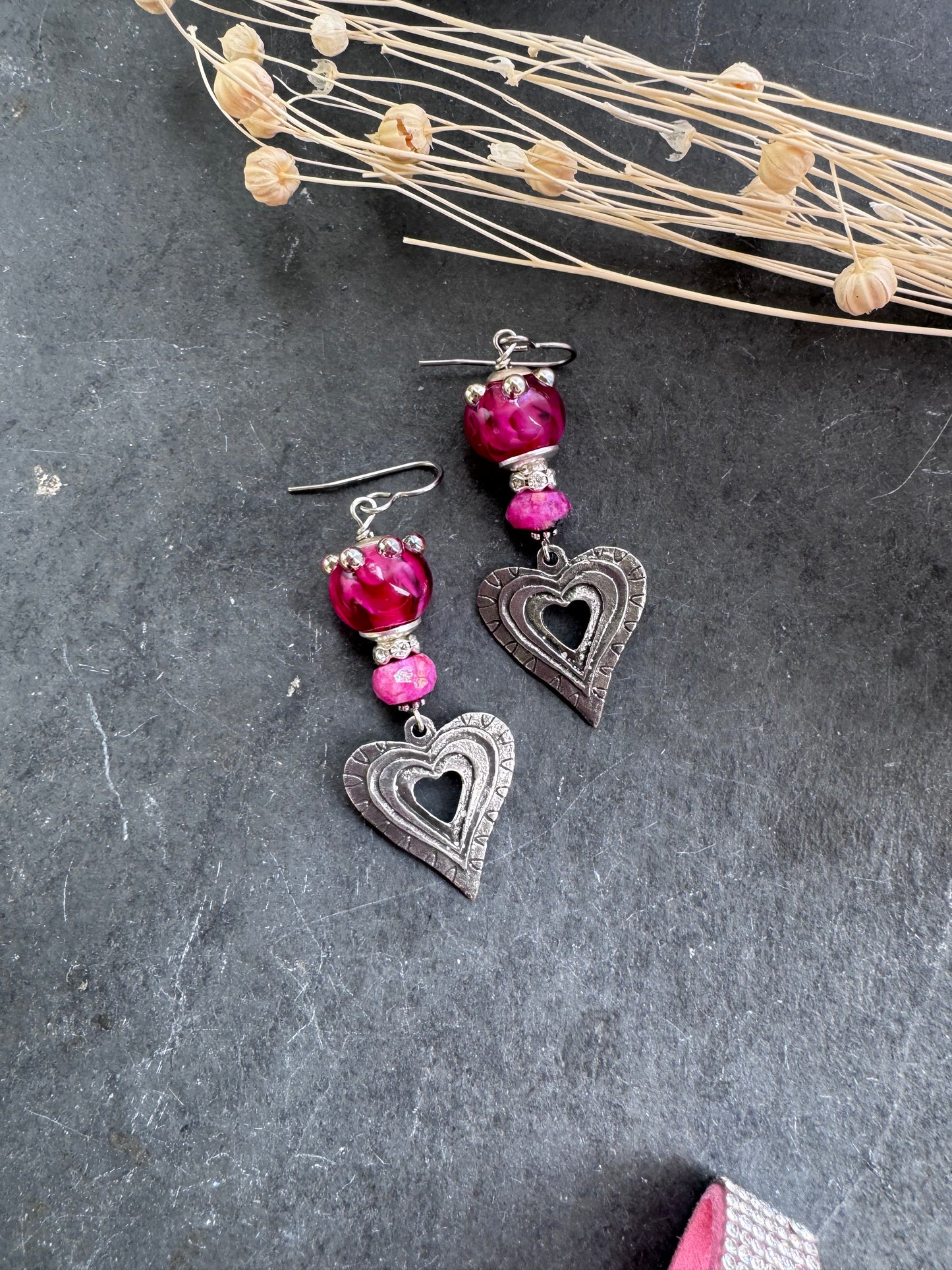 Handmade lampwork glass, pink moonstone, pewter silver heart charm, earrings