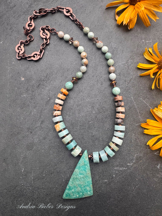 Amazonite, Czech glass, copper metal, necklace