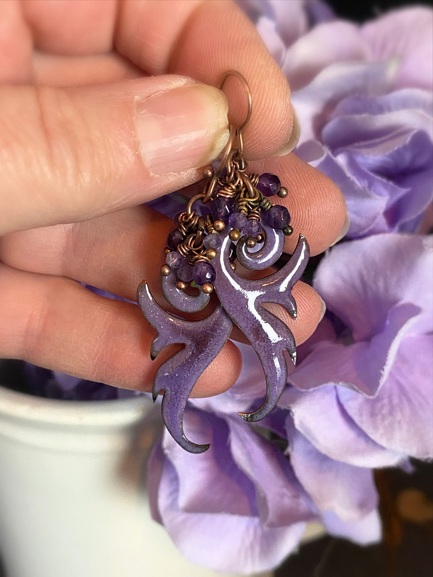 Purple flame enamel charms, amethyst stone, copper metal, earrings