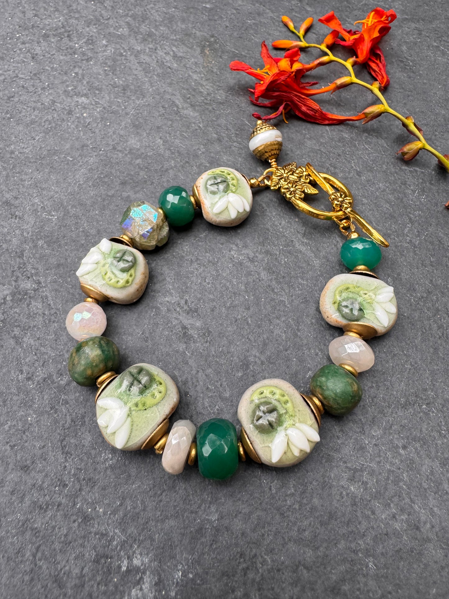 Moonstone, ceramic lotus flower beads, green chalcedony, moonstone, pearl, AB chalcedony, gold metal, bracelet