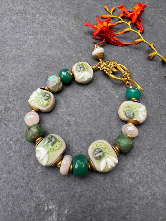 Moonstone, ceramic lotus flower beads, green chalcedony, moonstone, pearl, AB chalcedony, gold metal, bracelet