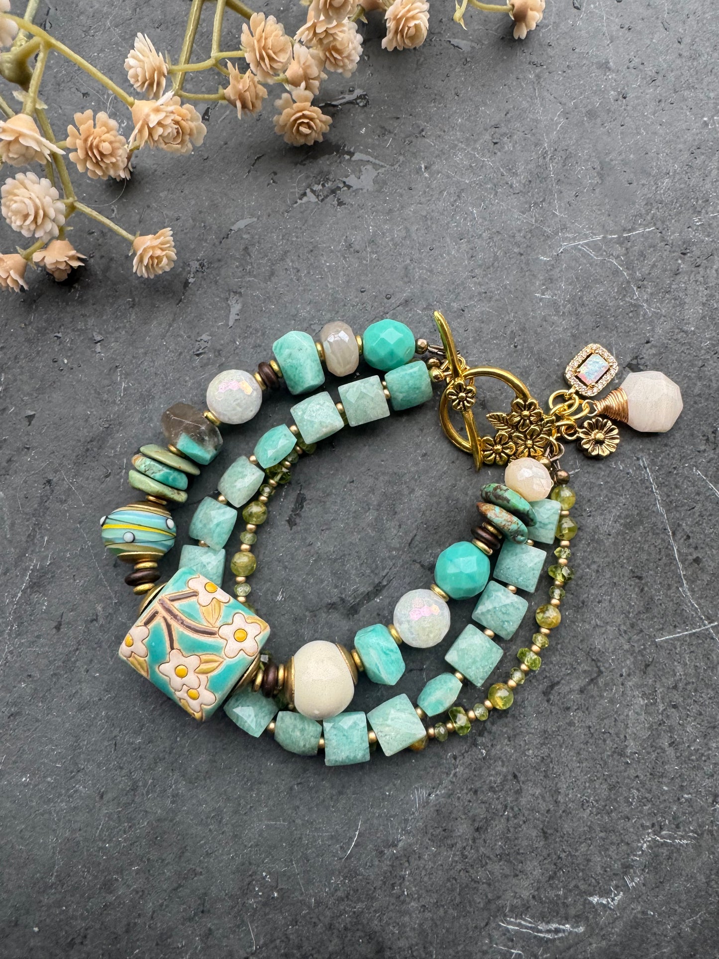Amazonite, moonstone, Czech glass, peridot, turquoise, lampwork glass, gold metal, bracelet