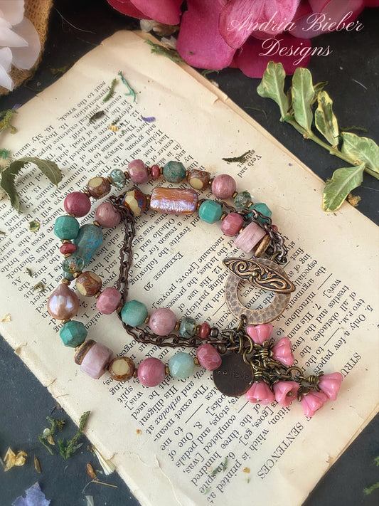 Pink pearl, green Jasper, rhodonite stone, chain, bronze metal, multi strand bracelet