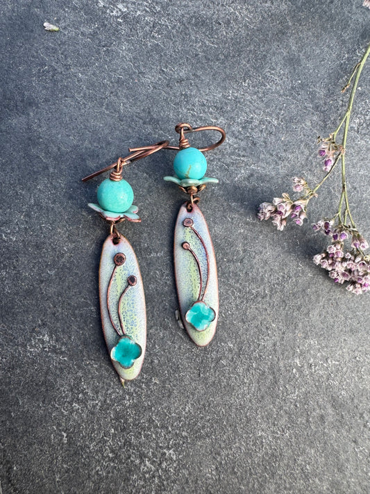 Enamel charm in glass and copper metal, enamel teal flower bead caps, kingman turquoise, earrings