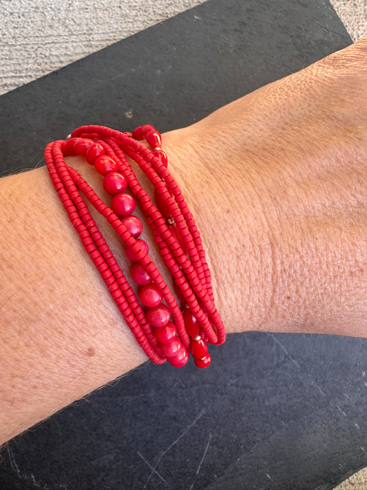 Coral beads, Red glass seed bead, copper metal, bracelet