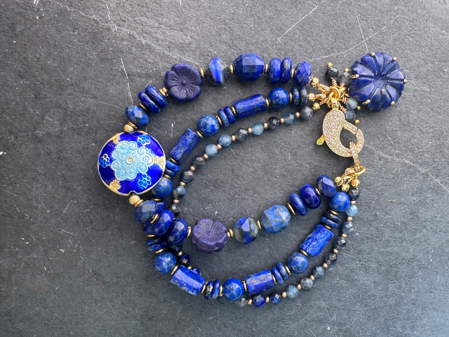 Lapis lazuli stone, czech glass, Cloisonné, gold metal, rhinestone clasp, bracelet